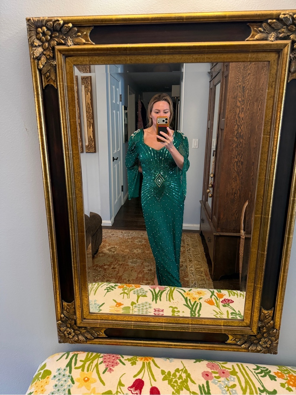 Vintage Emerald Beaded Formal Gown Dress